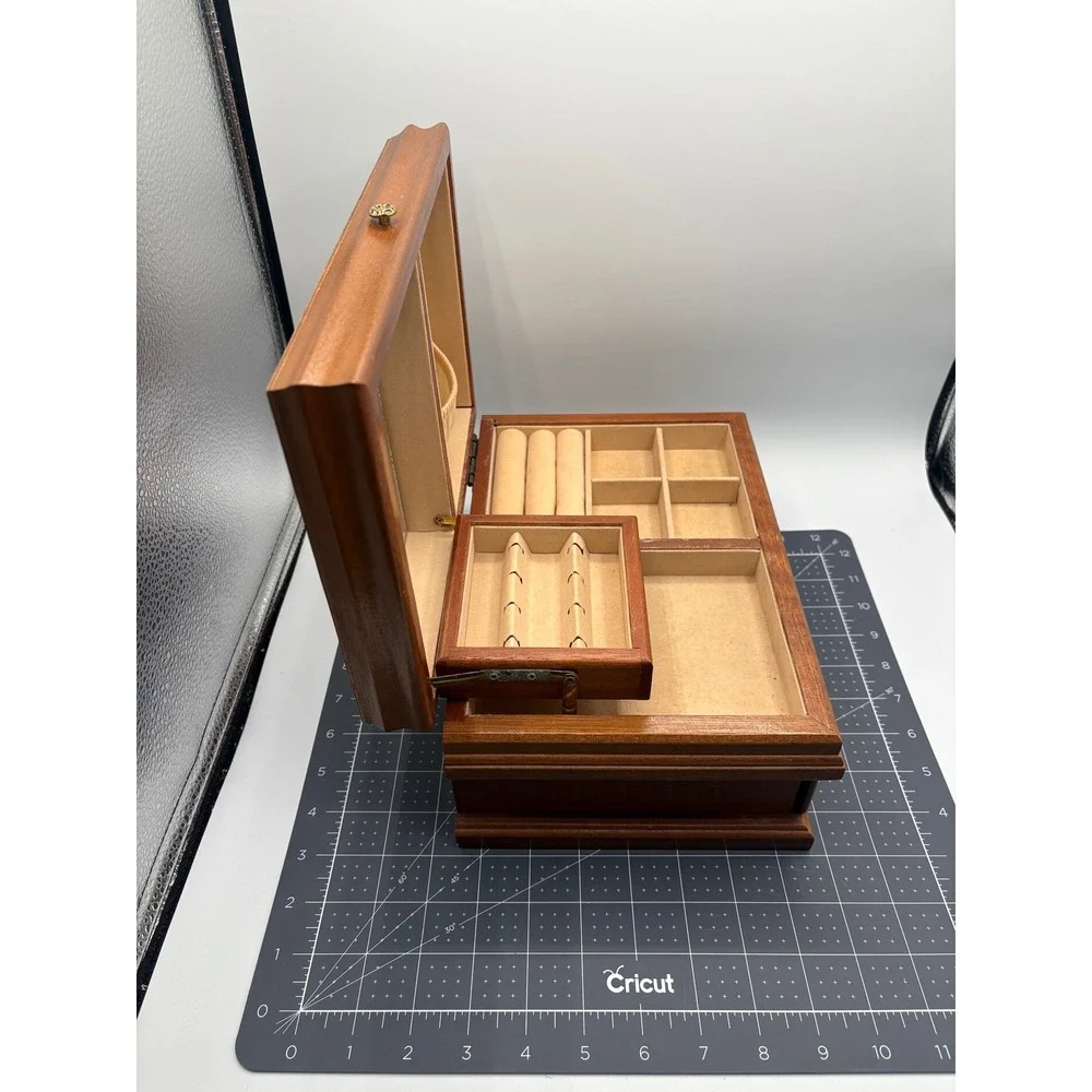 Vintage Wooden Jewelry Box Burl Wood Lid Mirror Swing Tray Drawer Organizer